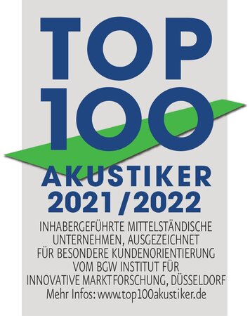 Auszeichnung Top 100 Akustiker 2021/2022 für kundenorientierte Hörakustiker-Unternehmen.